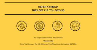 Brew Tea Co email footer showing additional perks like free shipping, loyalty rewards, and referral program